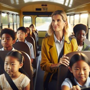 ACOMPAÑAMIENTO EN TRANSPORTE ESCOLAR (niños en un autobús escolar y un adulto occidental cuidando además del conductor)
